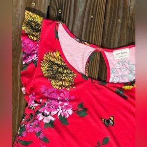 Free Kisses BLOUSE Women S Vermillion Floral Stretch Ruffle Sleeve Peekaboo Back